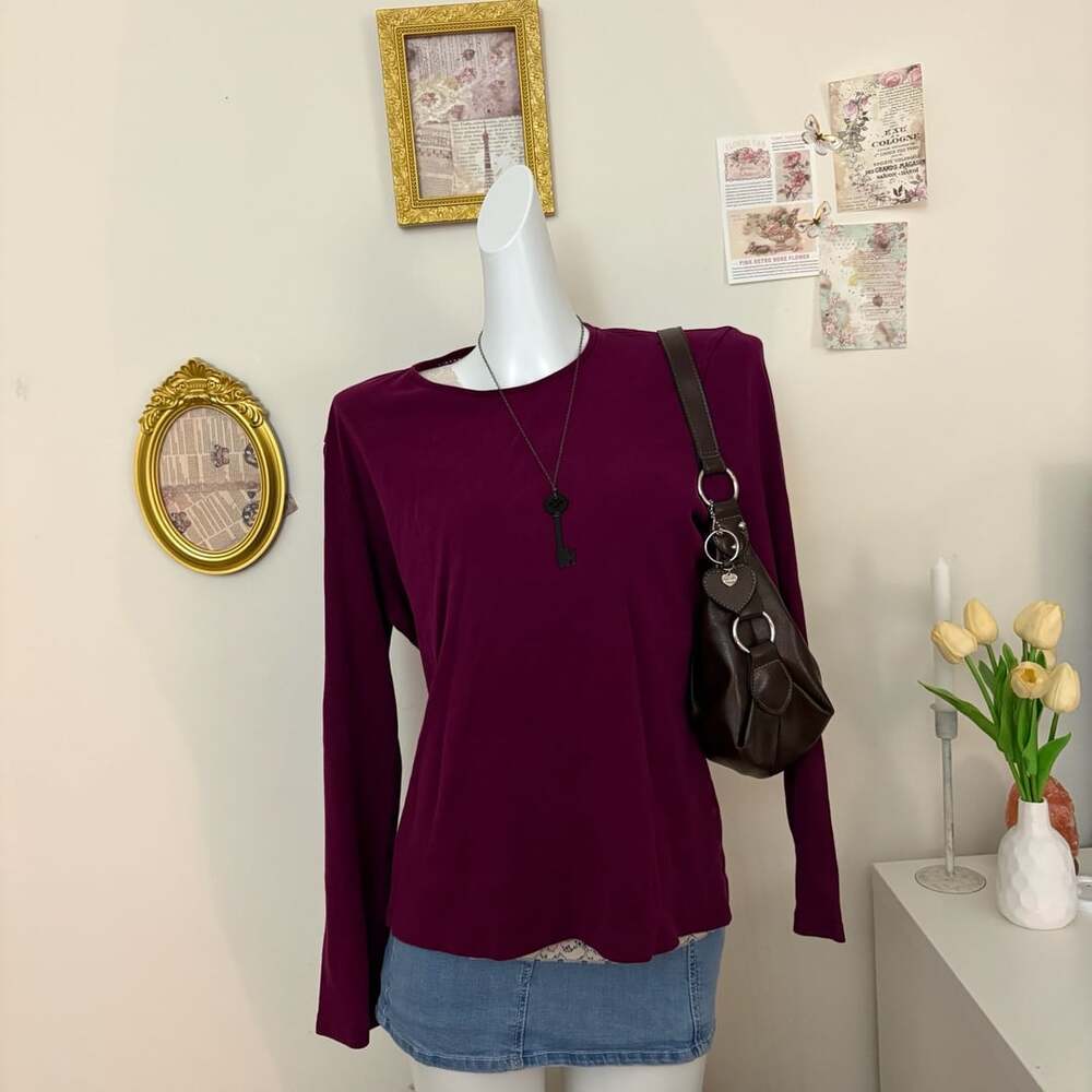 Jones New York Signature Long Sleeve Shirt Size XL Purple Cotton Crewneck